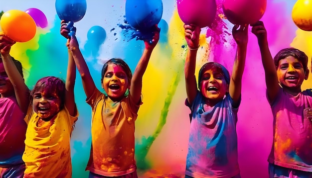 Un groupe d'enfants jouant avec de l'eau colorée pendant Holi