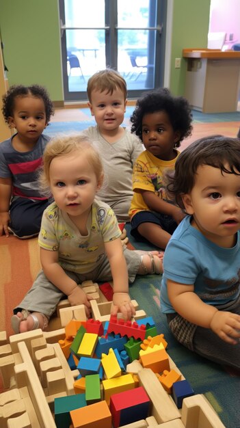 Photo un groupe d'enfants jouant ensemble et construisant avec des blocs de bois