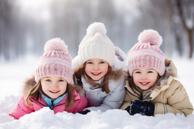 Un groupe d'enfants jouant sur la neige en hiver