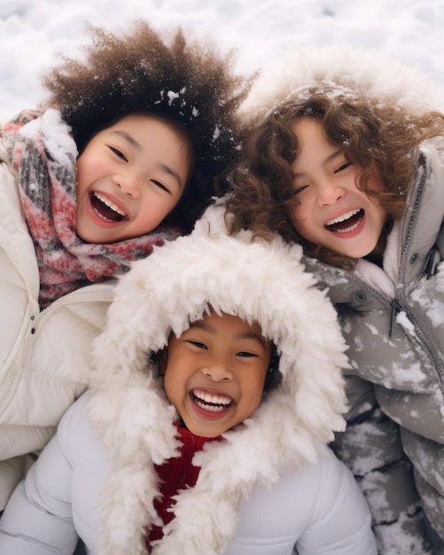 Groupe d'enfants jouant en s'amusant dans la neige