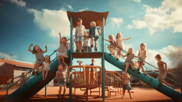 un groupe d'enfants jouant sur un toboggan avec le mot « famille » en bas.