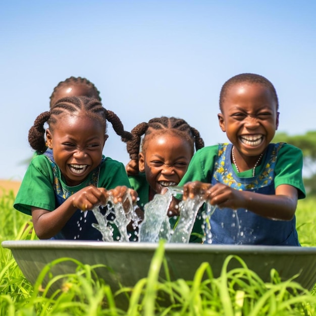 un groupe d'enfants jouent dans une baignoire remplie d'eau