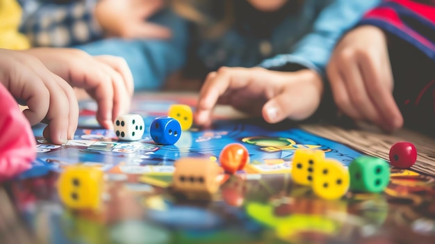 Photo un groupe d'enfants jouent à un jeu de société ensemble ils s'amusent tous beaucoup et rient et parlent