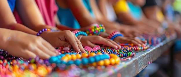 un groupe d'enfants jouent avec des perles colorées