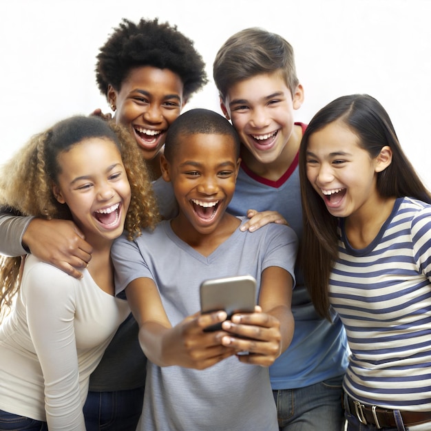 Photo un groupe d'enfants joyeux et diversifiés rient d'un smartphone.