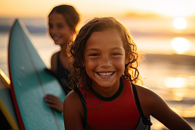 Photo un groupe d'enfants joyeux, garçons et filles, nageant dans la mer chaude au coucher du soleil, des sourires heureux sur les visages des enfants.