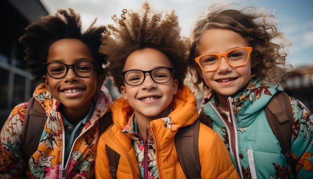 Un groupe d'enfants joyeux souriants appréciant ensemble la nature générée par l'IA