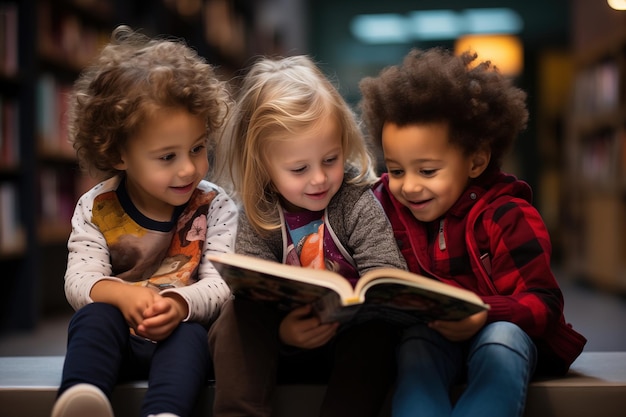 groupe d'enfants en lecture à la bibliothèque