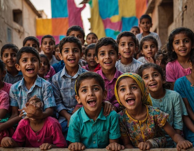 Photo un groupe d'enfants avec leur bouche ouverte et un a un drapeau coloré en arrière-plan