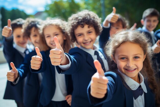 Un groupe d'enfants avec leurs pouces en l'air Retour à l'école et concept d'éducation