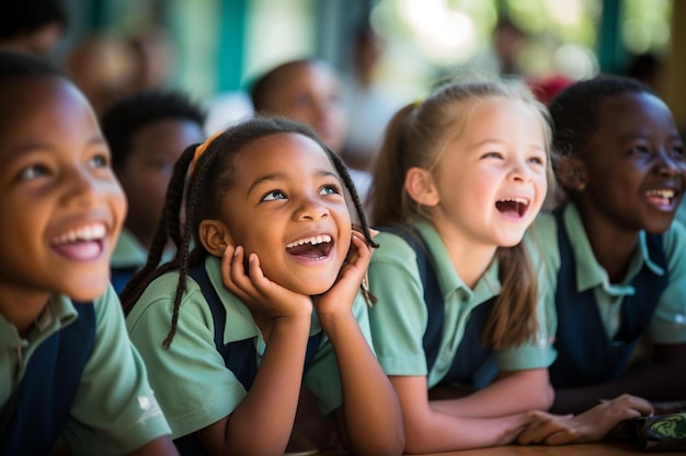 un groupe d'enfants avec leurs têtes ensemble dans une salle de classe.