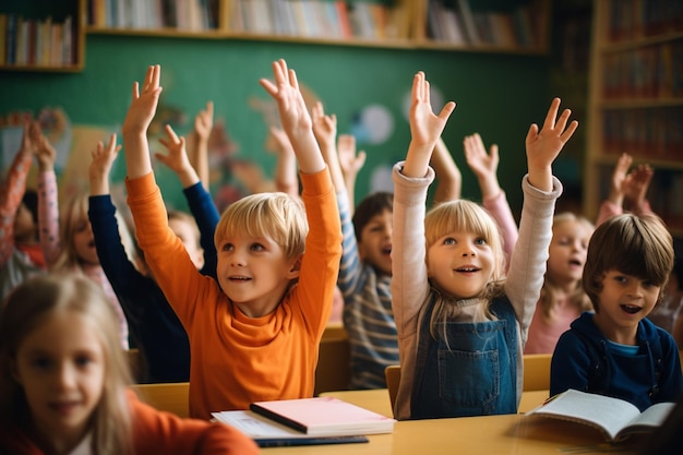 Groupe d'enfants levant la main en classe à l'école Education et concept de retour à l'école