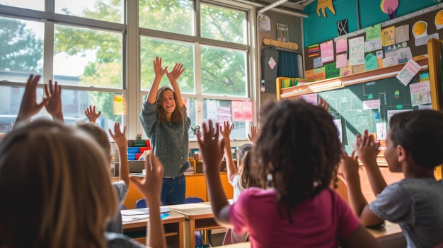 Un groupe d'enfants lève la main dans une salle de classe pour répondre à une question