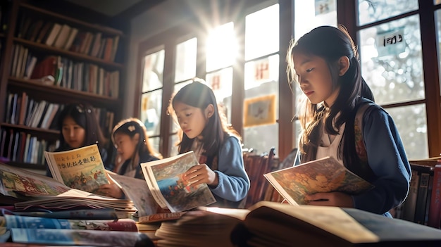 Un groupe d'enfants lit des livres dans une bibliothèque