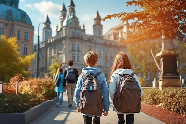 Un groupe d'enfants marchant vers l'école sur un trottoir couvert de feuilles Vue arrière