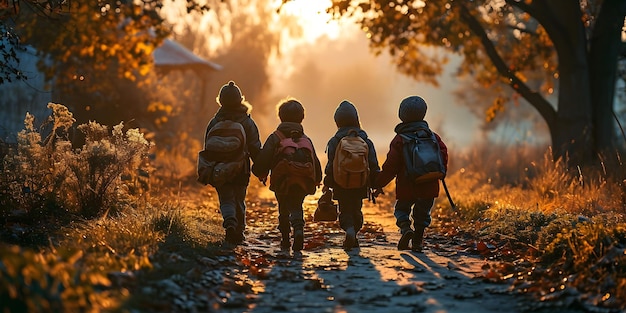 Photo un groupe d'enfants marchent ensemble à l'école primaire sunrise le premier jour