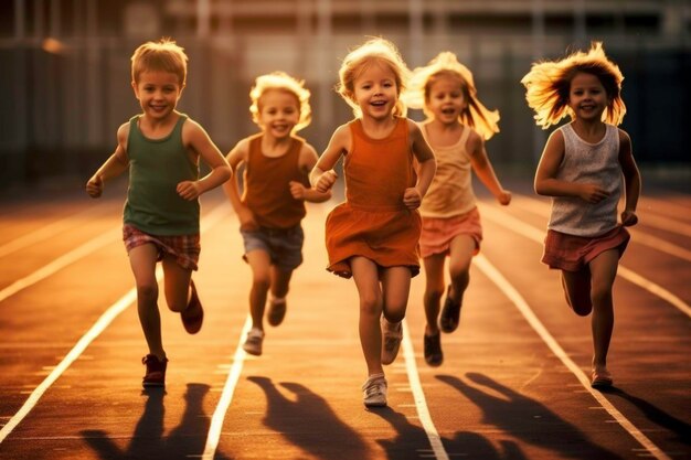 Un groupe d'enfants mignons courant sur la piste générée par l'IA