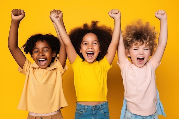 Un groupe d'enfants multinationaux heureux et joyeux crient l'IA générative
