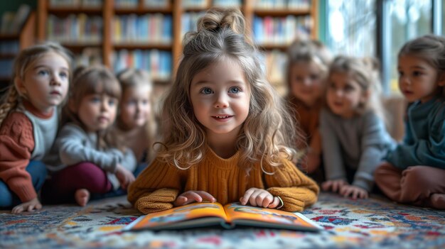 Un groupe d'enfants occupés à lire un livre sur le sol d'une salle de classe