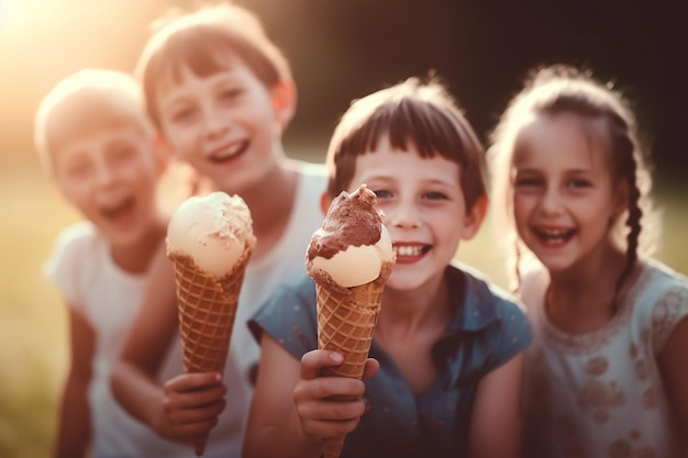 Un groupe d'enfants partageant un grand cornet de crème glacée et souriant Journée des enfants