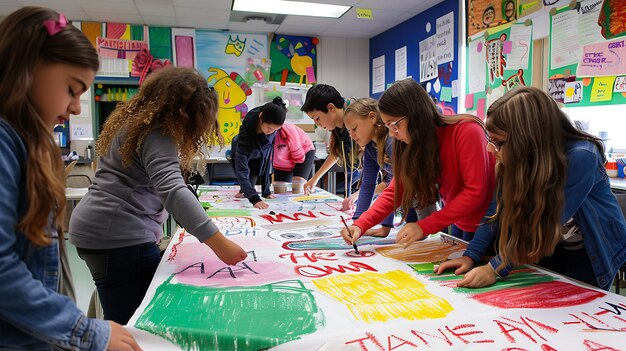 Un groupe d'enfants peint une grande bannière dans une salle de classe. Ils portent tous des vêtements décontractés et travaillent ensemble sur le projet.