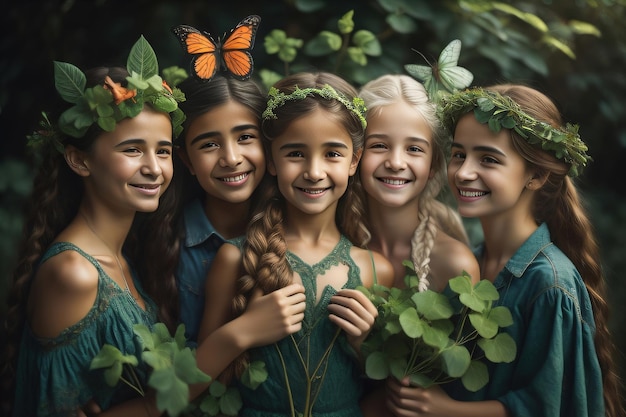 Groupe d'enfants portant une robe verte avec des feuilles vertes dans la forêt