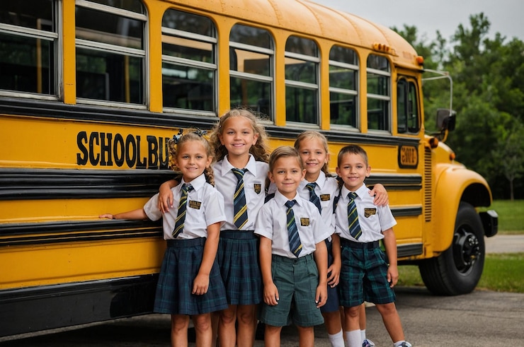 Photo un groupe d'enfants posant pour une photo avec un bus scolaire qui dit bus scolaire