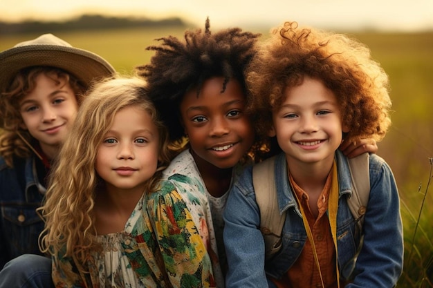 Photo un groupe d'enfants pose pour une photo avec le mot le dessus