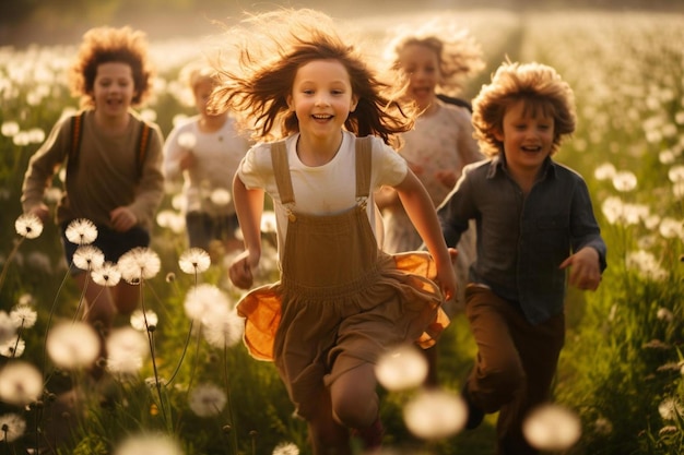 un groupe d'enfants qui courent dans un champ de pissenlits