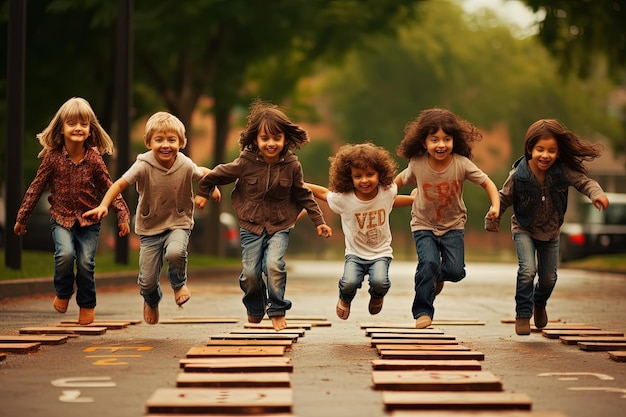 Un groupe d'enfants qui courent dans une rue.