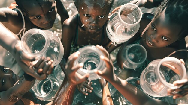 Un groupe d'enfants avec des récipients vides attendent de l'eau en Afrique avec une crise de sécheresse