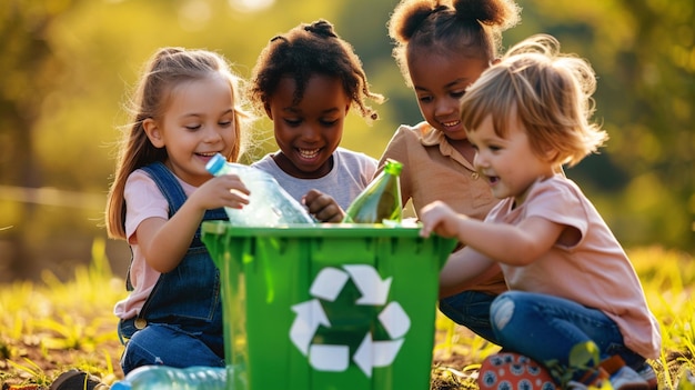 Un groupe d'enfants recyclant dans le parc