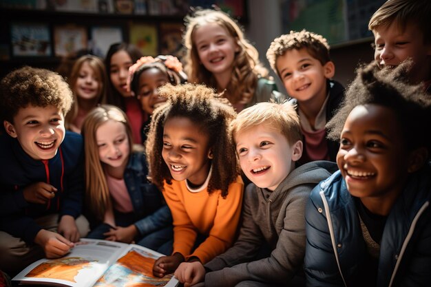 Un groupe d'enfants regardent un livre et sourient.