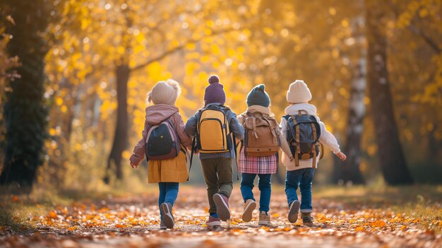 Un groupe d'enfants avec des sacs à dos courant dans un parc d'automne par une journée ensoleillée