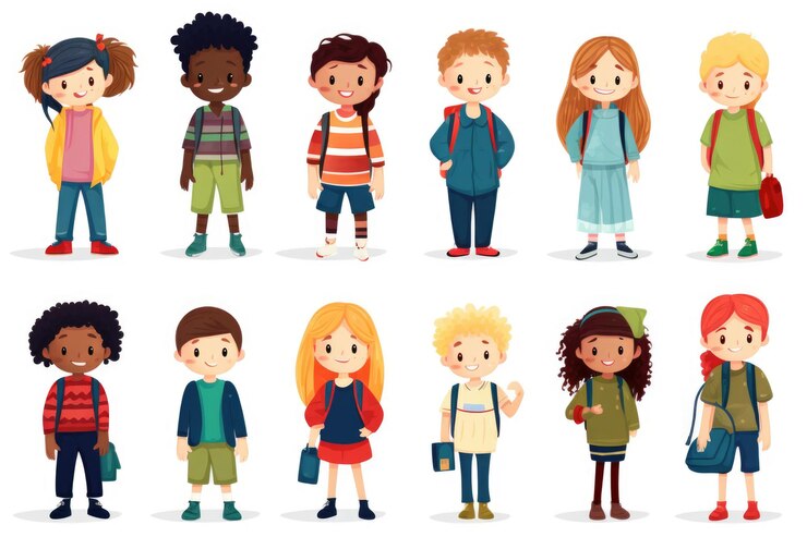 Photo un groupe d'enfants avec des sacs à dos et des sacs à dos image numérique