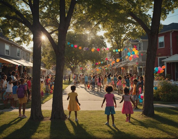 Photo un groupe d'enfants se promènent dans un parc avec une bannière accrochée à un arbre