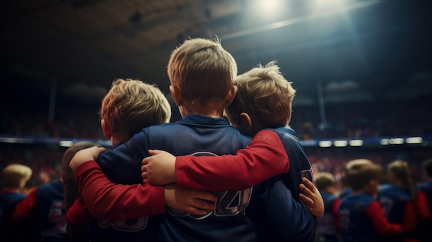 Un groupe d'enfants se serrant les coudes devant une foule