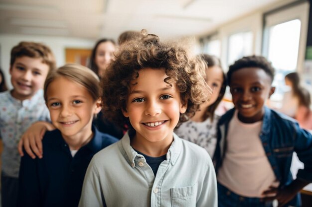 un groupe d'enfants se tiennent dans une pièce avec leur professeur et le garçon en arrière-plan.