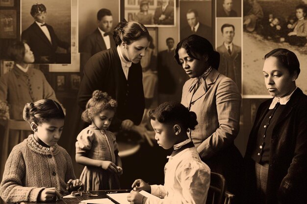 Photo un groupe d'enfants sont dans une pièce avec des photos de femmes et d'enfants