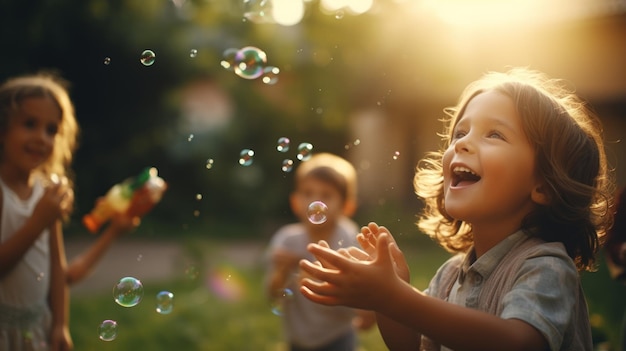 Groupe d'enfants soufflant des confettis et des bulles de savon avec fond d'ambiance coucher de soleil