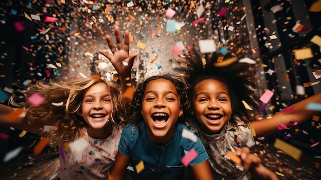 Photo groupe d'enfants soufflant des confettis