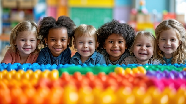 Un groupe d'enfants souriant et allongés sur un jouet coloré ai