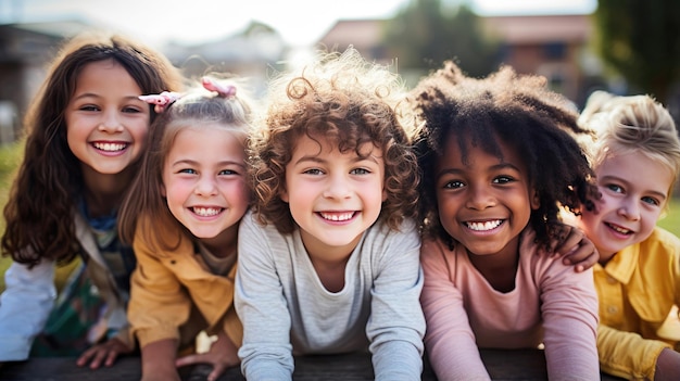 Un groupe d’enfants souriants à l’école primaire à l’extérieur