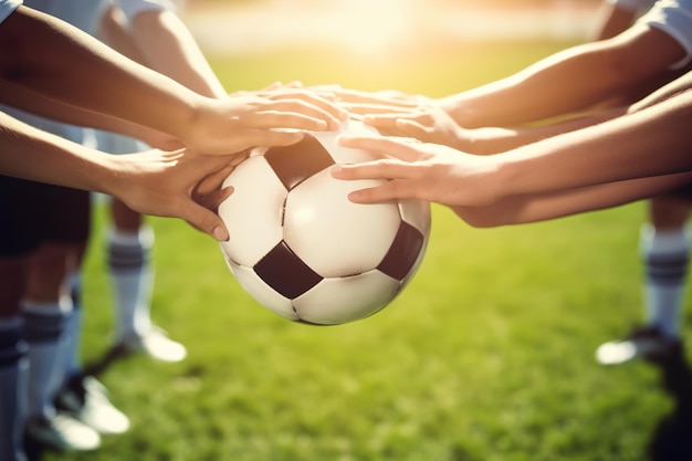 Un groupe d'enfants tenant un ballon de football ensemble