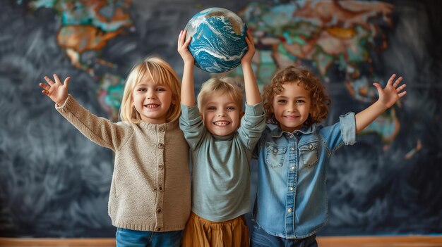 Photo groupe d'enfants tenant une terre pour le groenland et la journée de la terre environnement mondial climat