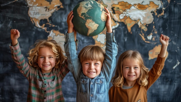 Groupe d'enfants tenant une terre pour le Groenland et la journée de la Terre environnement mondial climat