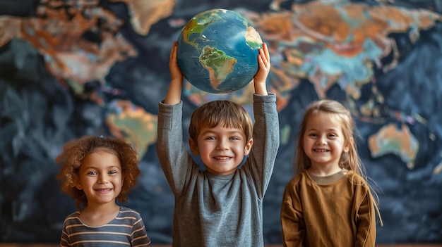 Groupe d'enfants tenant une terre pour le Groenland et la journée de la Terre environnement mondial climat