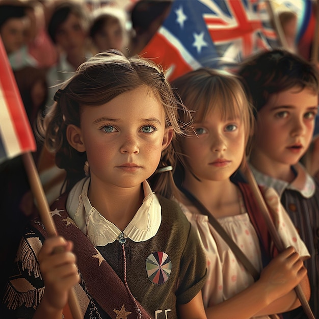 Photo un groupe d'enfants tient des drapeaux et l'un d'eux a une étoile dessus