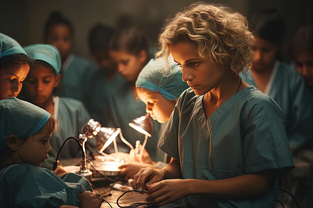 un groupe d'enfants travaille avec un médecin