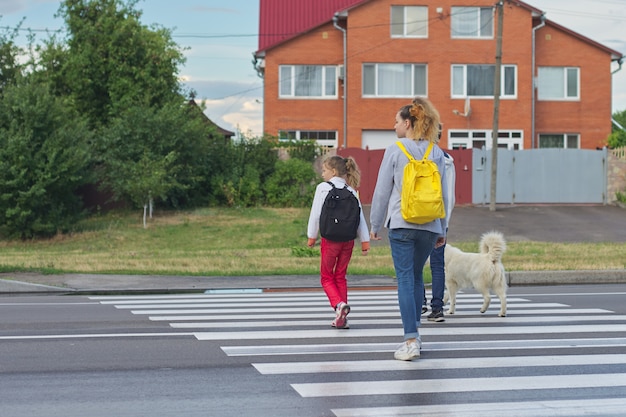 Groupe d'enfants traversant la route sur le passage clouté